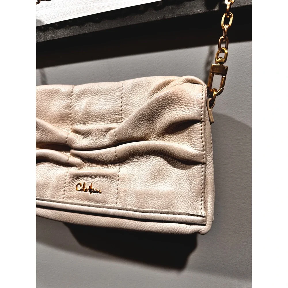 Cole Haan Leather Shoulder‎ Bag Clutch Ivory Gold Chain Evening Party Purse